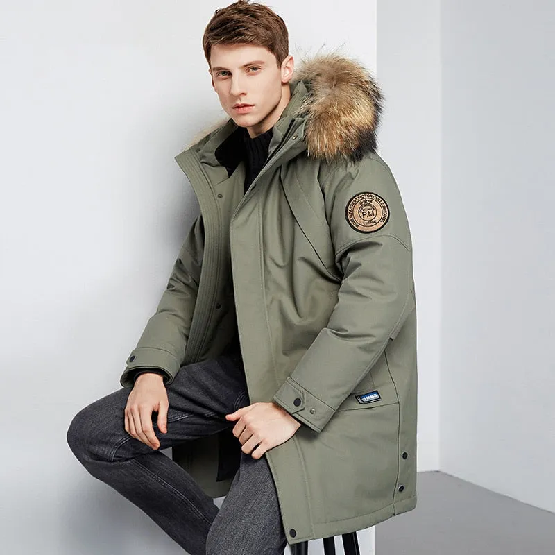 Aidase Men's Winter White Duck Down Jacket Warm Mid-Length Hooded Thick Business Plus Size Men Tooling Clothing