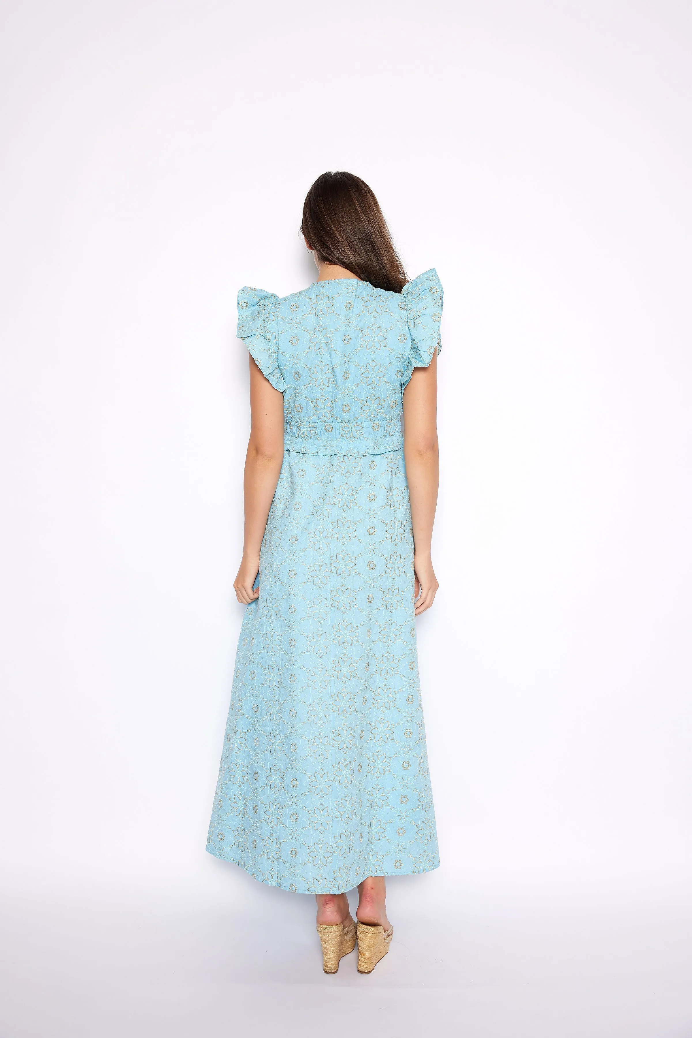 Baltic Sea Eyelet V-Neck Flutter Sleeve Maxi Dress