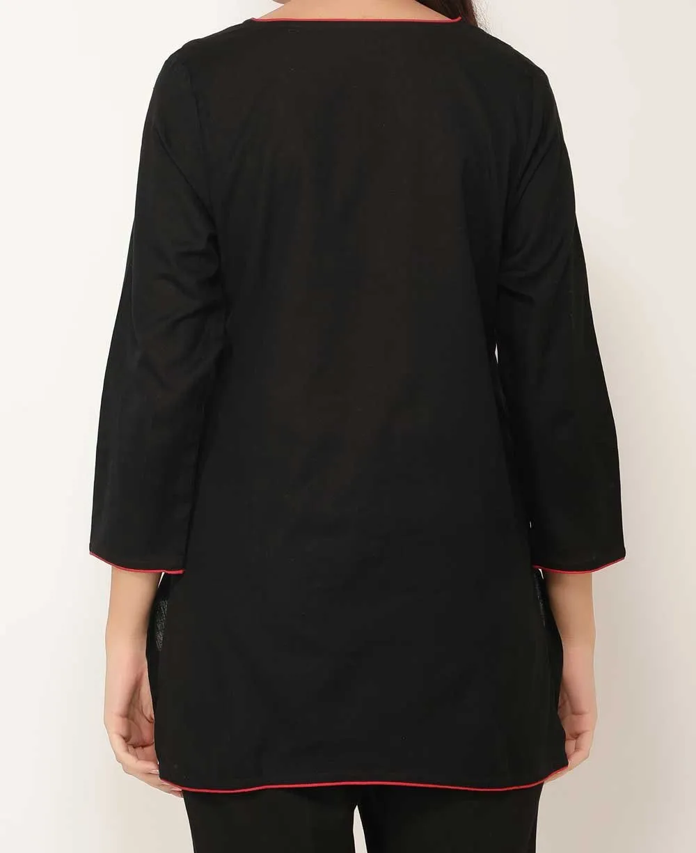 Black And Red Woven Cotton Tunic Top