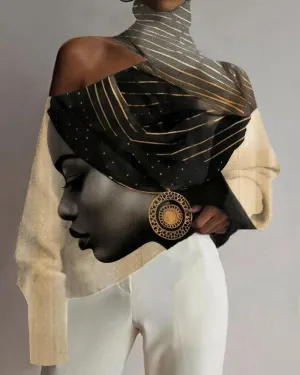 Black Girl Head Personality Oil Painting Print Off-the-shoulder High Neck Top