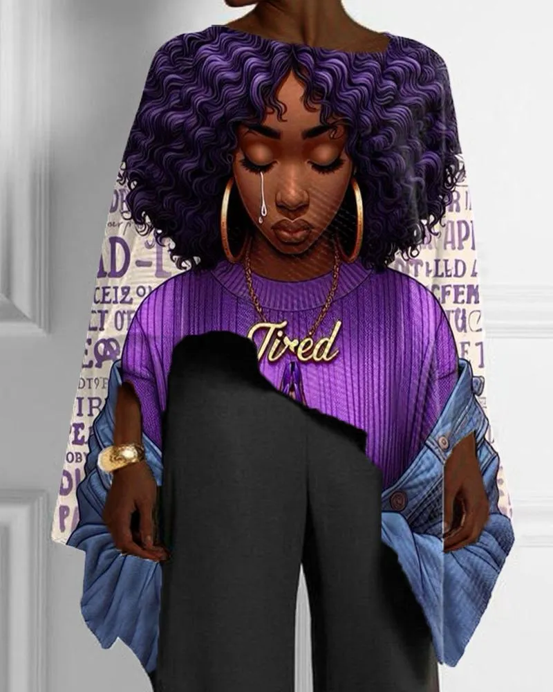Black Girl's Letter-color Print with Irregular Hem Ladies Top