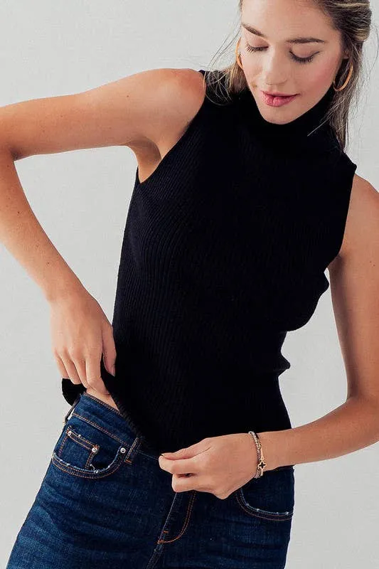 Black Rib Knit Turtleneck Tank Top