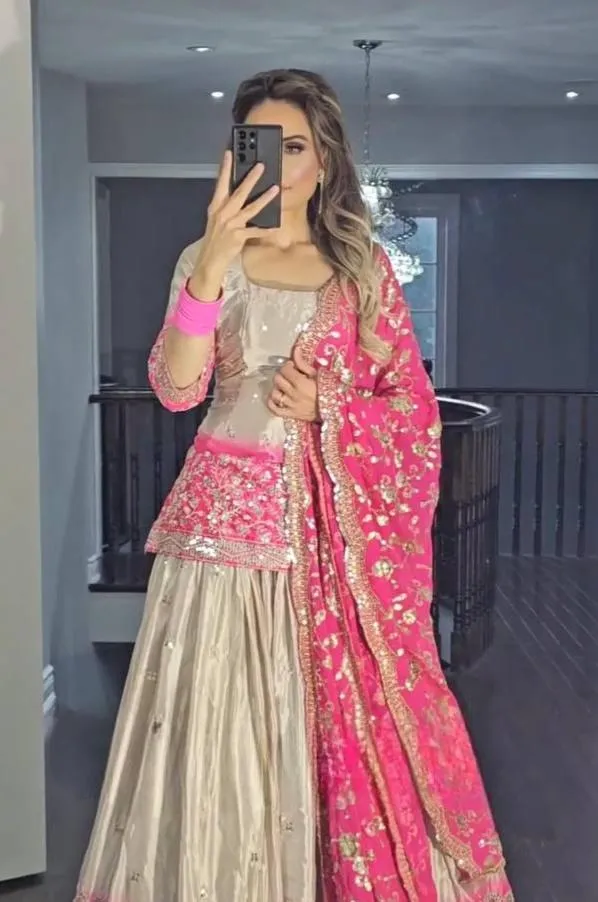 Blush Elegance: Golden Lehenga with Vibrant Pink Dupatta