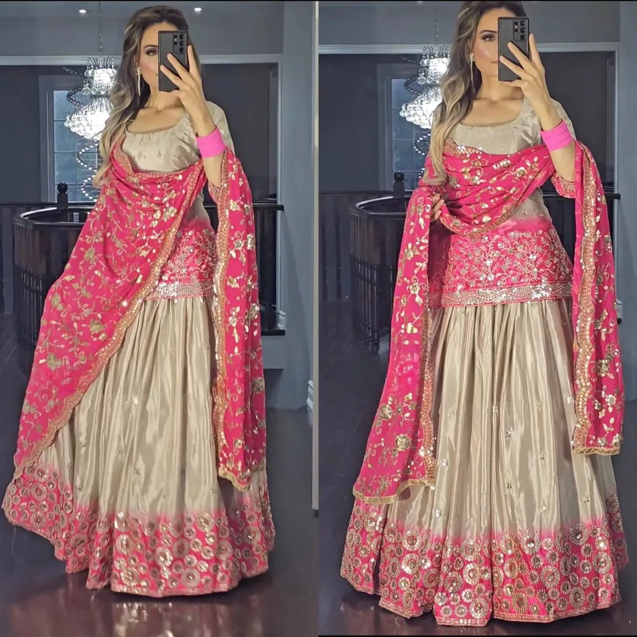 Blush Elegance: Golden Lehenga with Vibrant Pink Dupatta