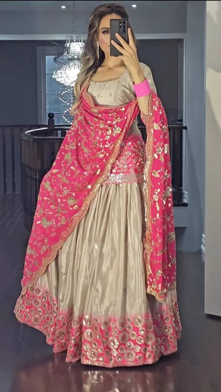 Blush Elegance: Golden Lehenga with Vibrant Pink Dupatta