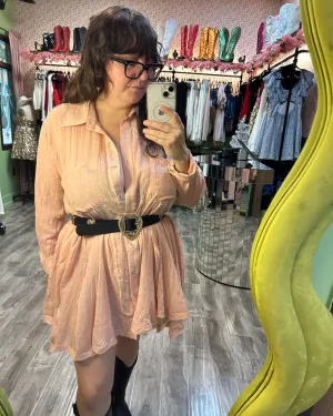 Blush Semi-Sheer Wide Sweep Paneled Gauze Shirt Dress