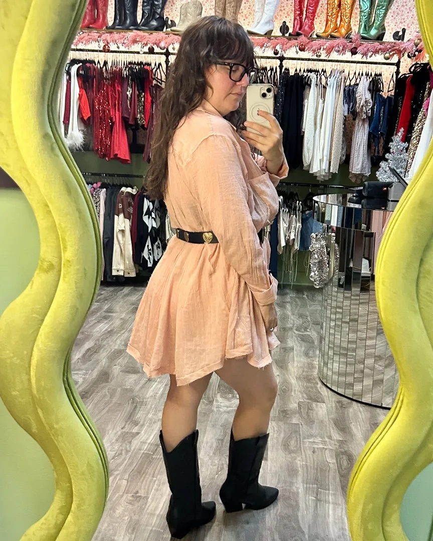 Blush Semi-Sheer Wide Sweep Paneled Gauze Shirt Dress