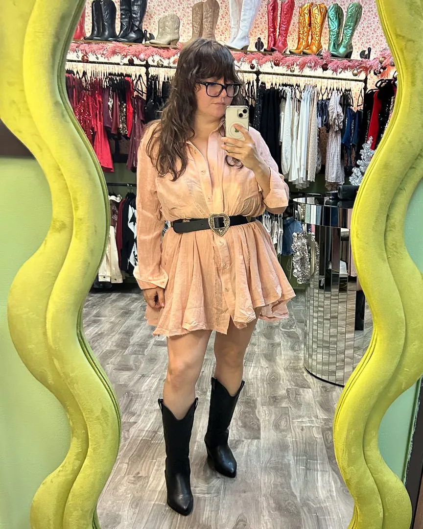 Blush Semi-Sheer Wide Sweep Paneled Gauze Shirt Dress