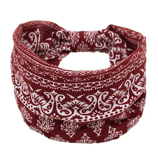 Boho Style Cotton Wide Printed Bandana Headbands For Women