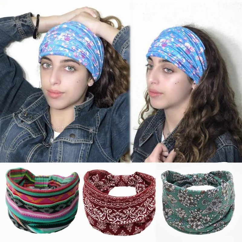 Boho Style Cotton Wide Printed Bandana Headbands For Women