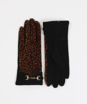 Brown Black Leopard Print Gloves with Snaffle Embellishment