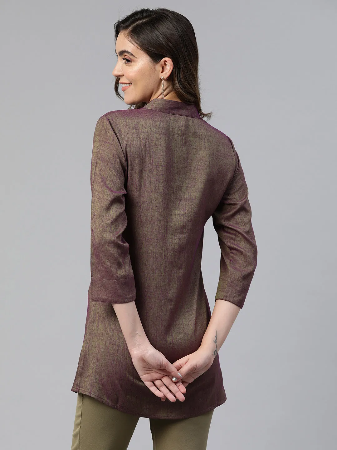 Cottinfab Mandarin Collar Shirt Style Longline Top
