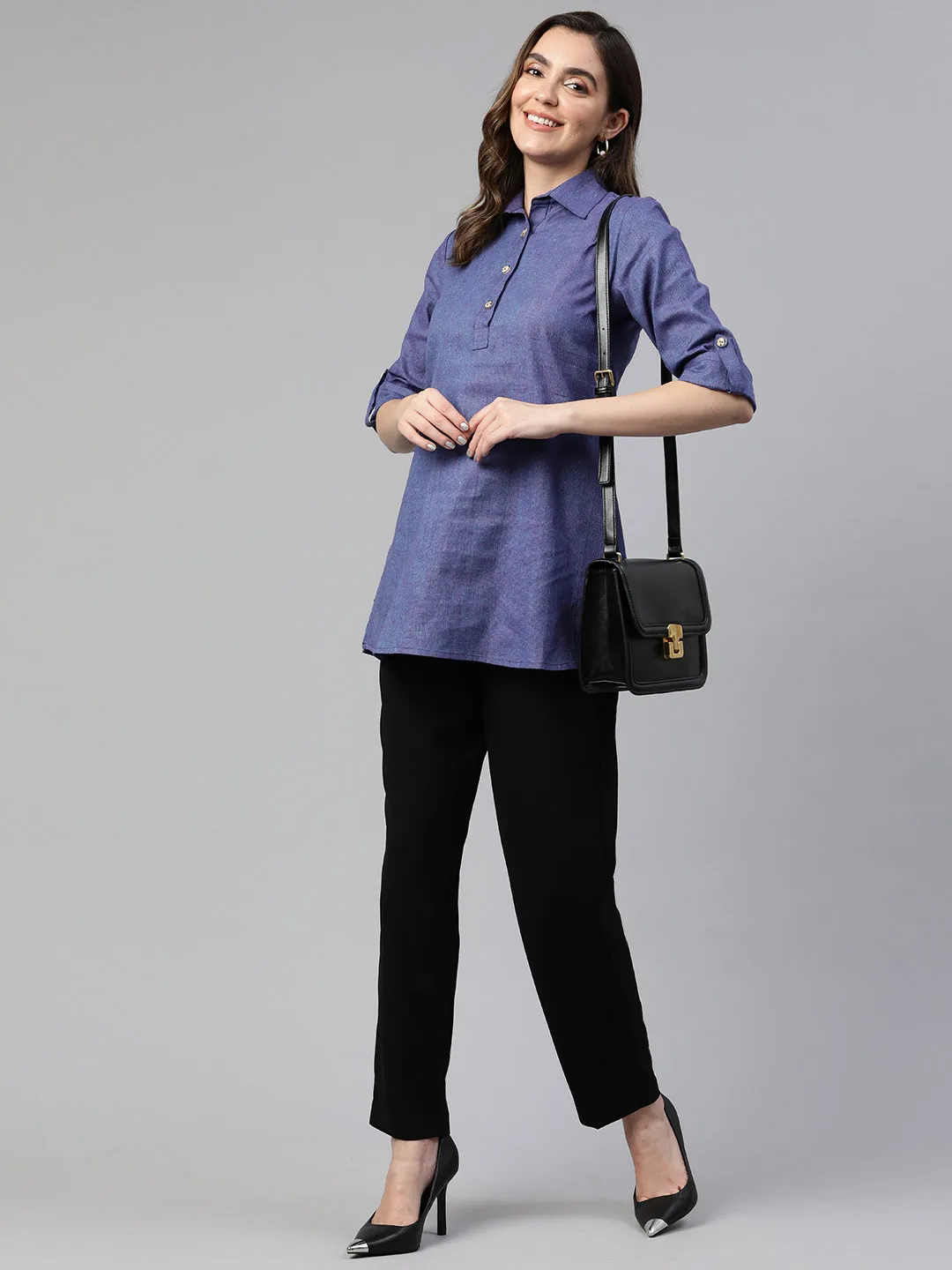 Cottinfab Roll-Up Sleeves Cotton Shirt Style Longline Top