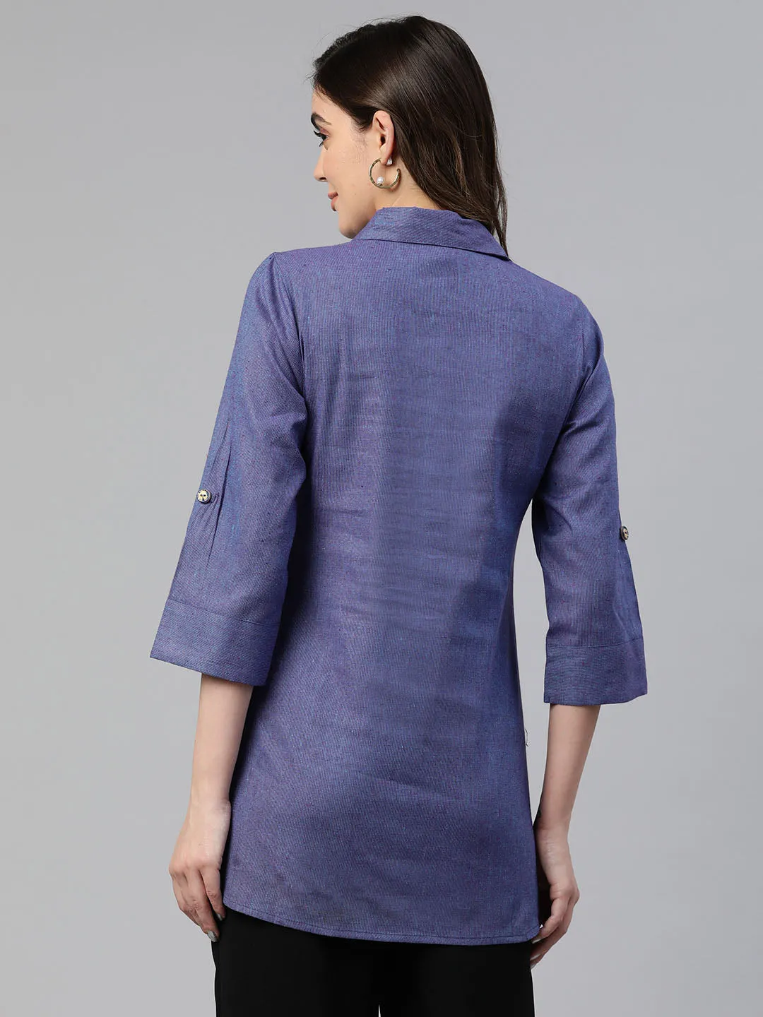 Cottinfab Roll-Up Sleeves Cotton Shirt Style Longline Top