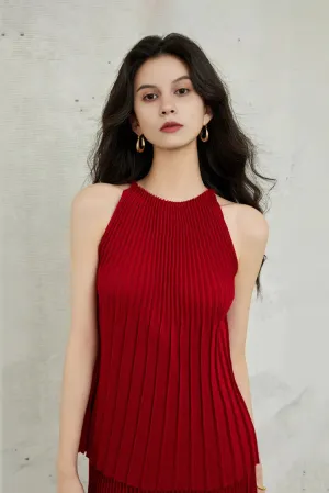 Cotton Blend Sleeveless Accordion Pleated Knit Top