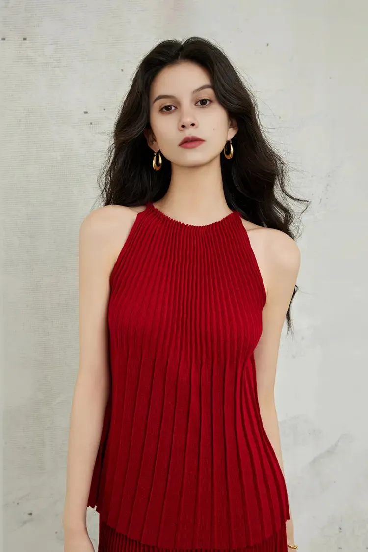 Cotton Blend Sleeveless Accordion Pleated Knit Top