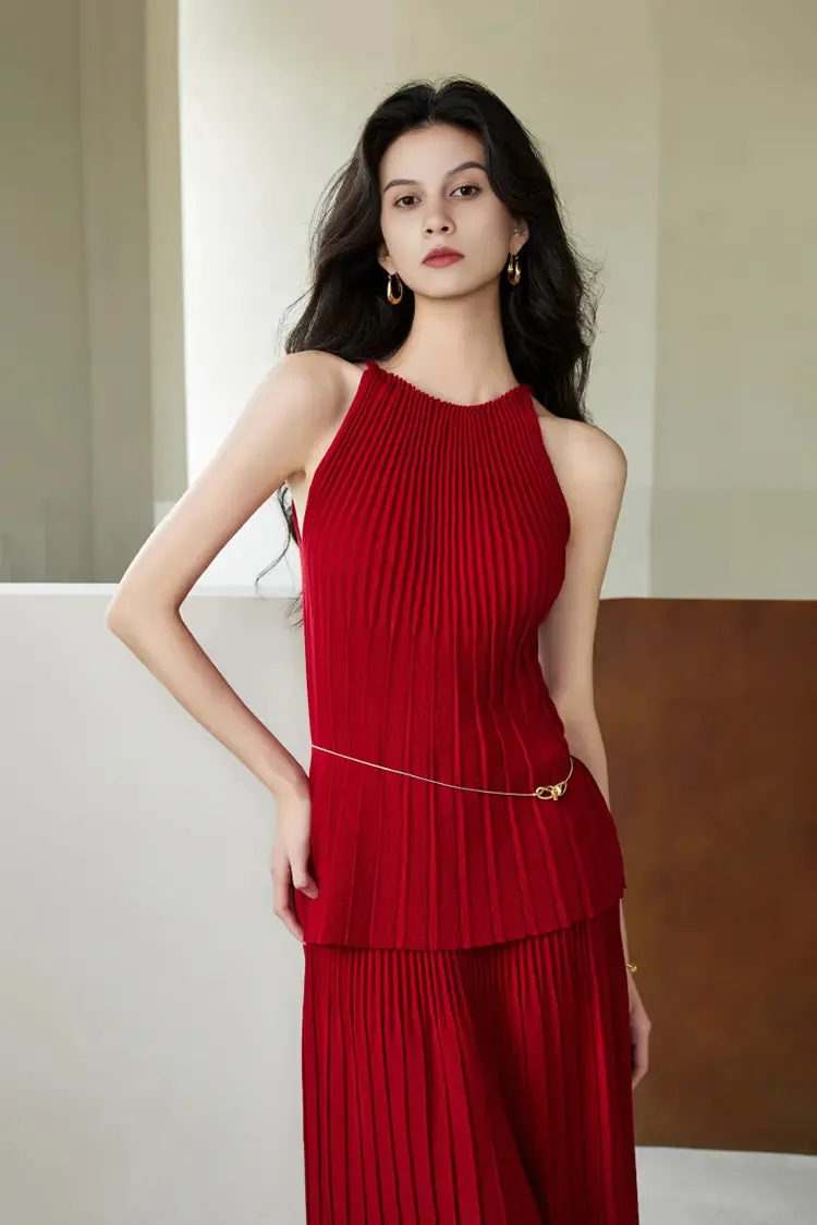 Cotton Blend Sleeveless Accordion Pleated Knit Top