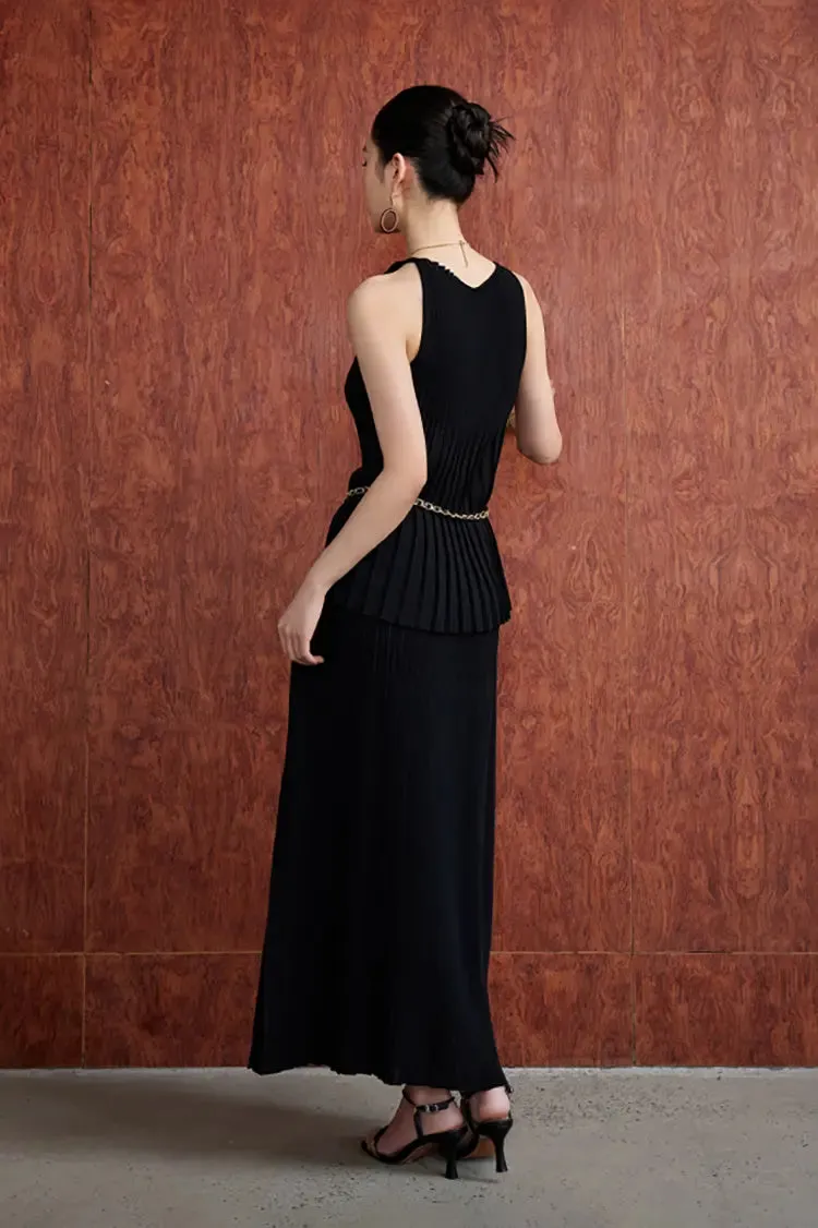 Cotton Blend Sleeveless Accordion Pleated Knit Top