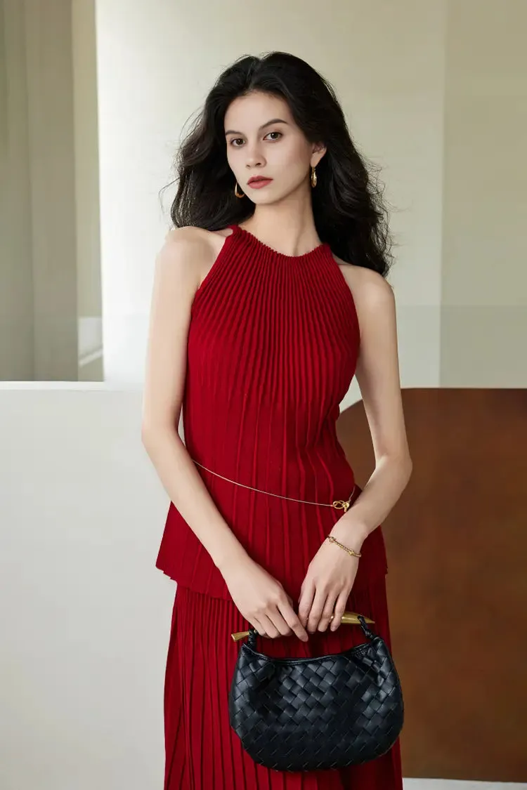 Cotton Blend Sleeveless Accordion Pleated Knit Top