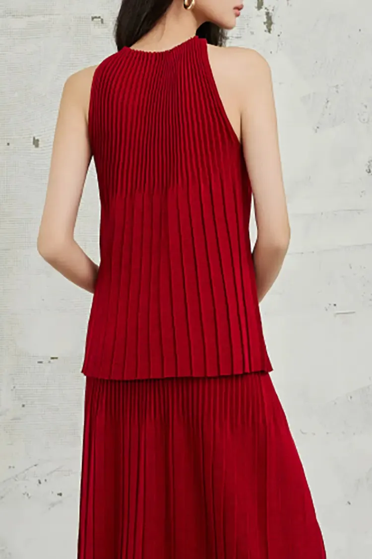 Cotton Blend Sleeveless Accordion Pleated Knit Top