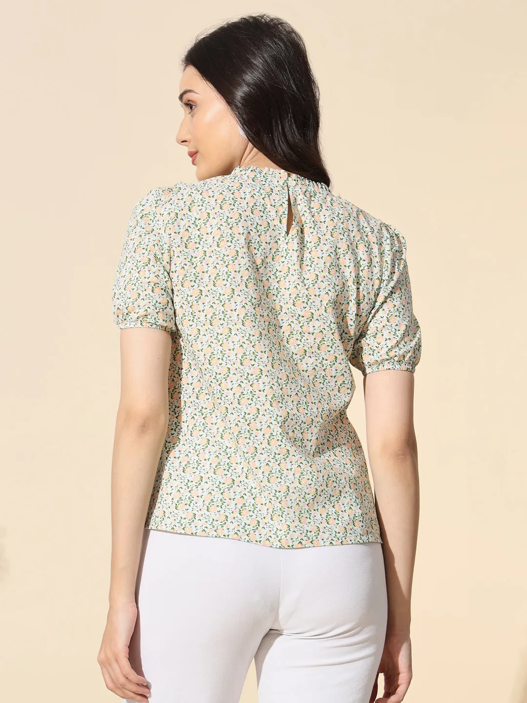 Cotton Print Top With Frill and Ruffle- #TP011- Green