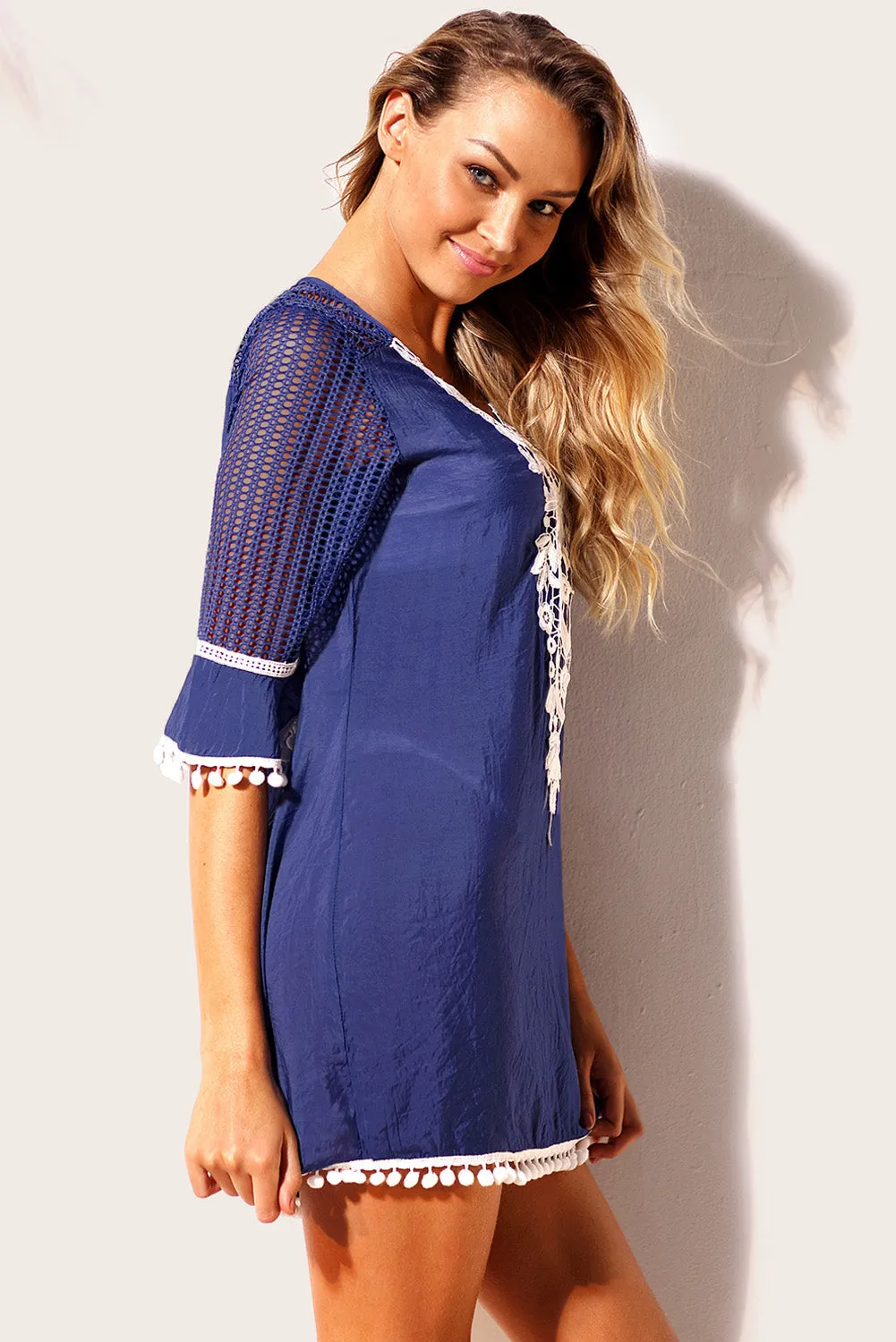Crochet Pom Pom Trim Beach Tunic Cover Up