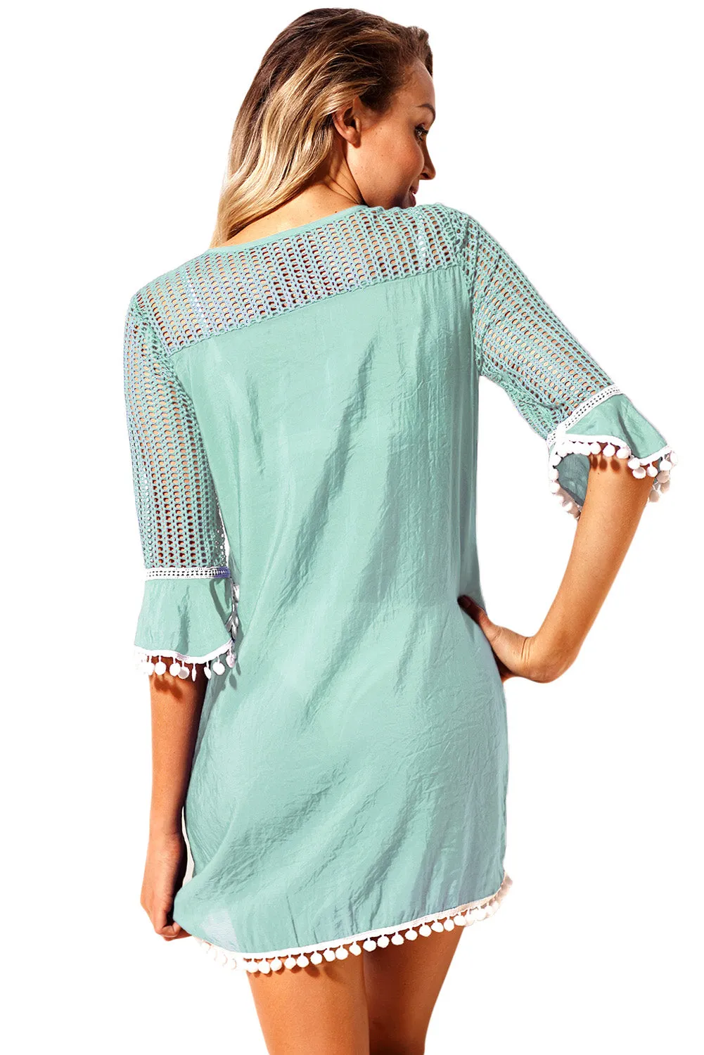 Crochet Pom Pom Trim Beach Tunic Cover Up