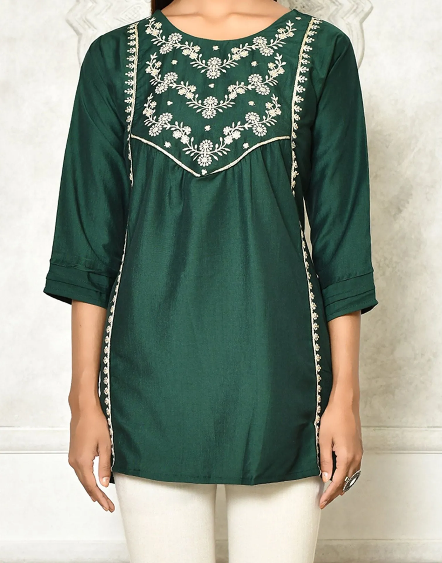 Dark Green Viscose Embroidery Tunic Top