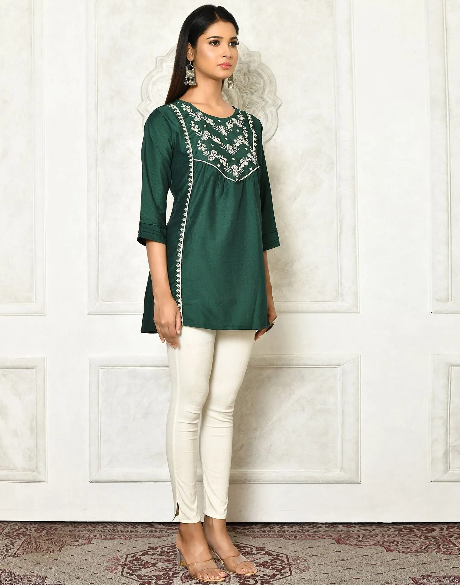 Dark Green Viscose Embroidery Tunic Top