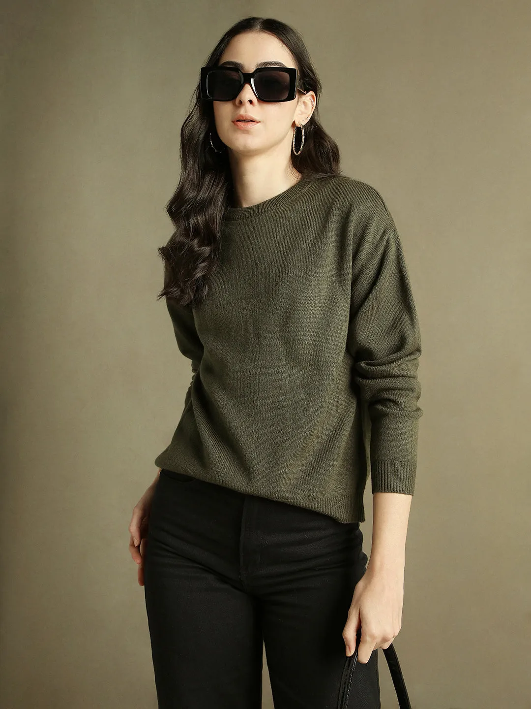 DL Woman Round Neck Solid Olive Full Sleeves Pullover Sweater