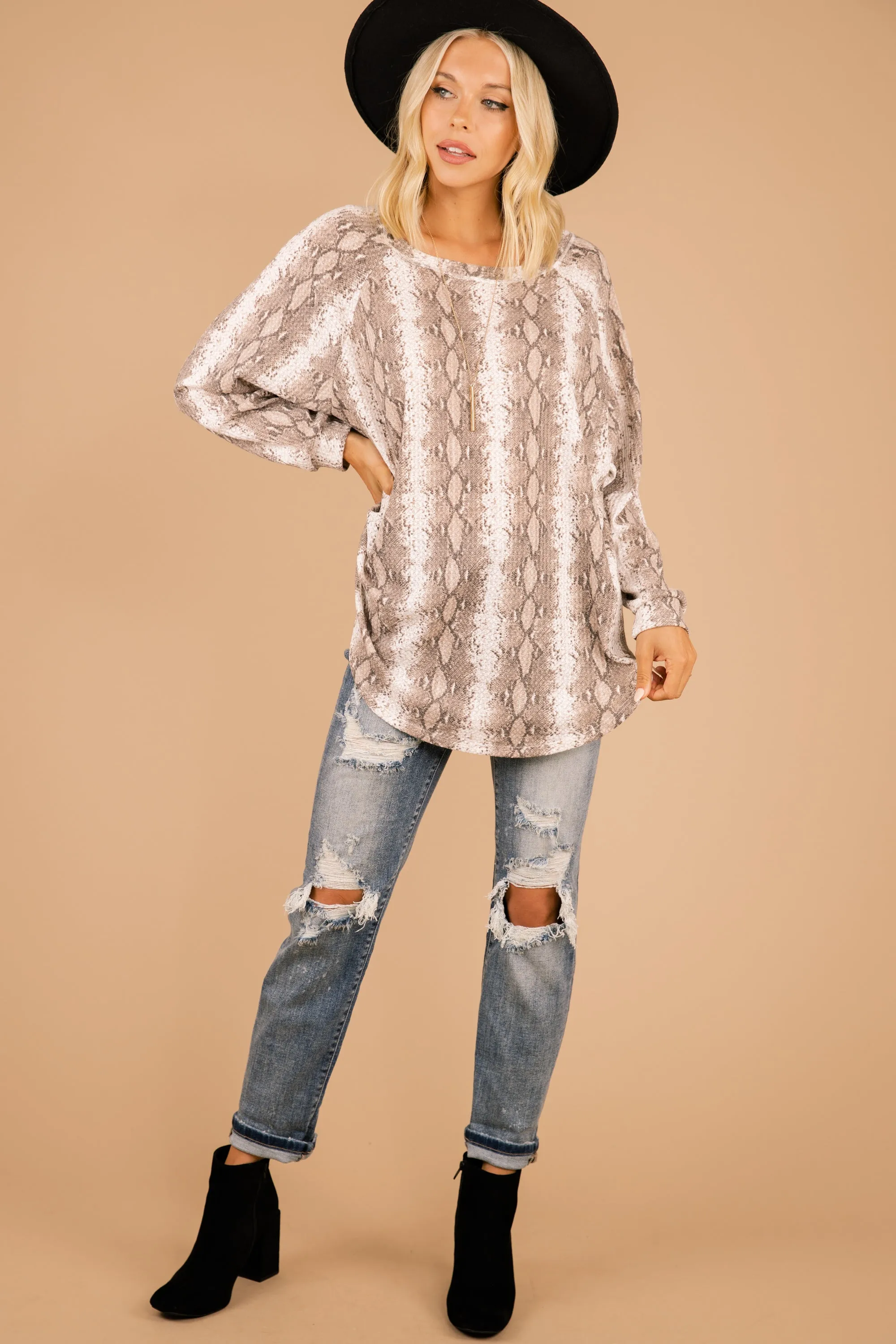 Easy Like Sunday Taupe Brown Snake Print Tunic