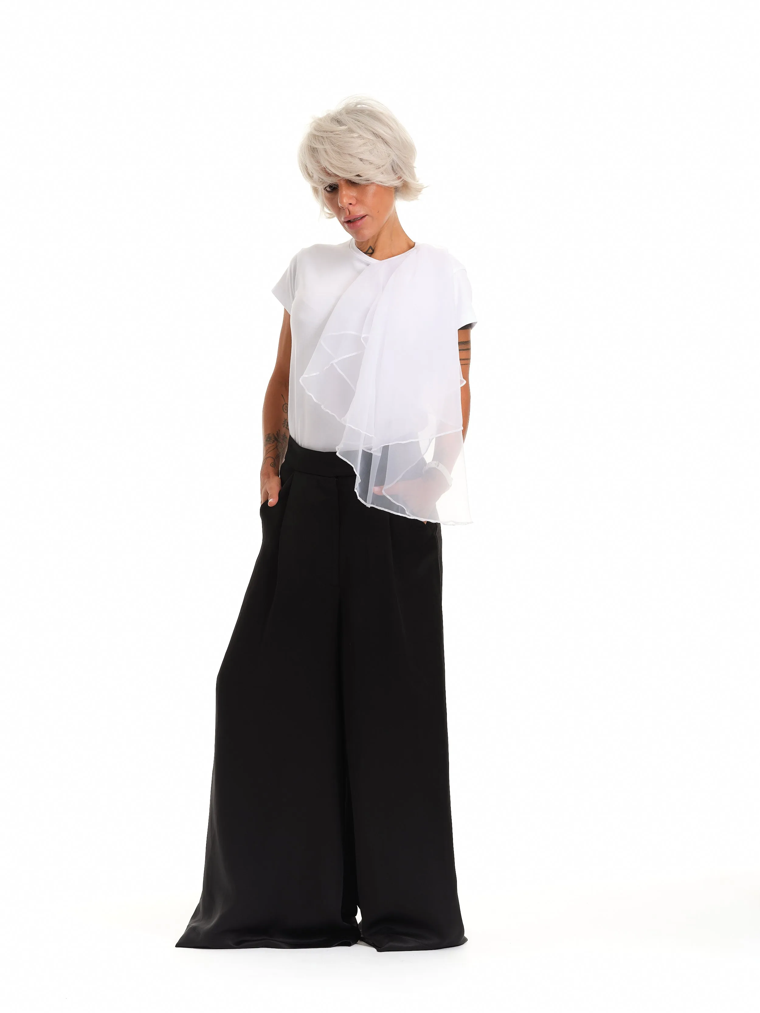 Elegant White Top with Jabot Detail