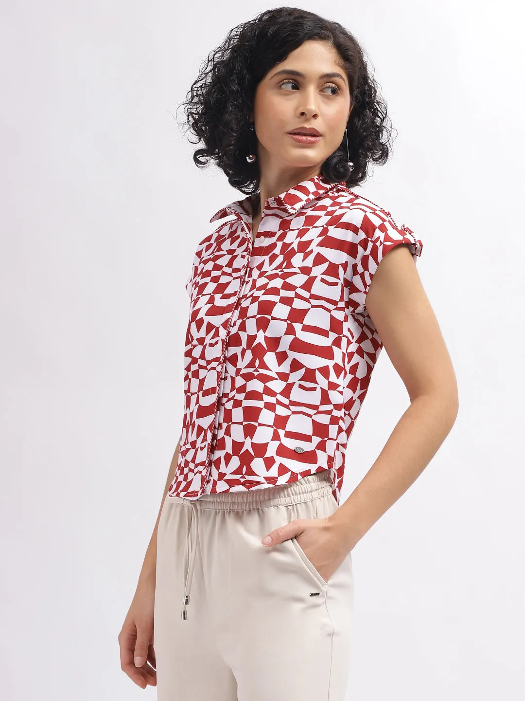 Elle Women Red Printed Spread Collar Short Sleeves Top