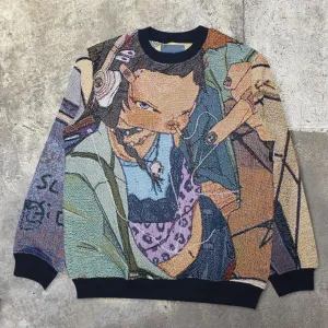 Fashion retro cartoon pattern long sleeve round neck sweater