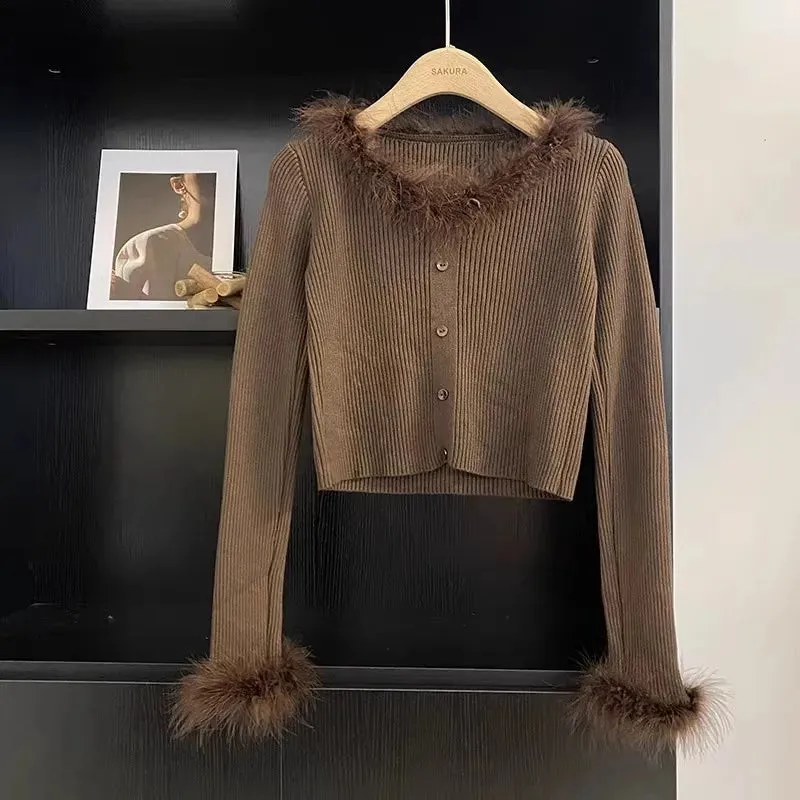 Fur Patchwork V-neck Long Sleeve Short Knitwear Tops 2023 Autumn Winter New Bottoming Women Pullover Knitted Sweaters C-278