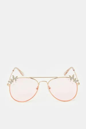 Girls Aviator Butterfly Embellishment Sunglasses