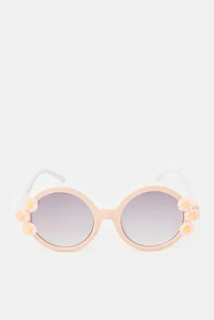 Girls Pink Round Floral Embellishment Sunglasses