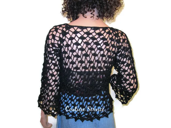 Handmade Crocheted Lace Tank Top Overblouse, Black Sparkle