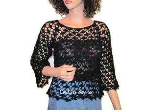 Handmade Crocheted Lace Tank Top Overblouse, Black Sparkle
