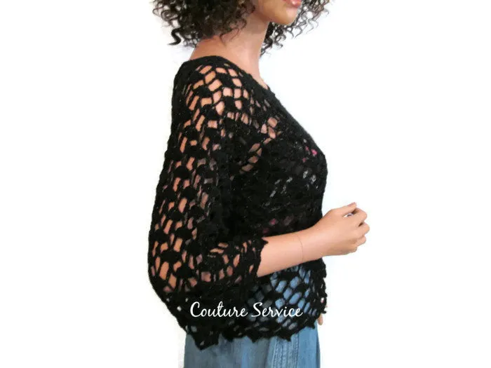 Handmade Crocheted Lace Tank Top Overblouse, Black Sparkle