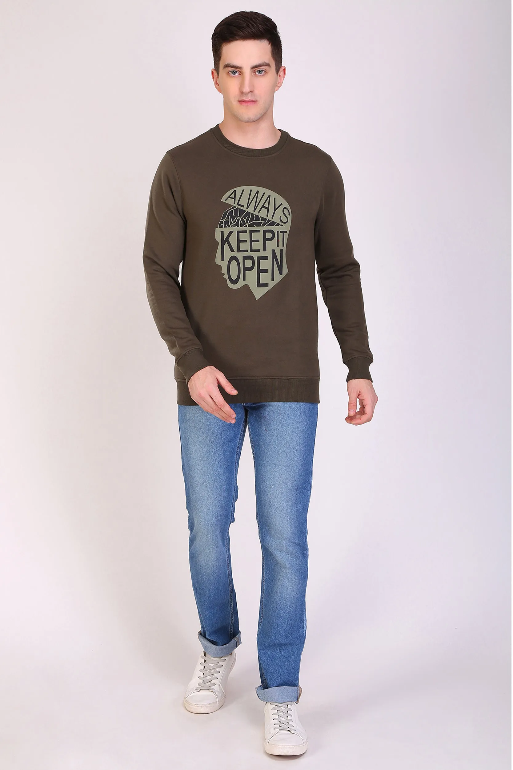 HiFlyers Full Sleeve Printed Men Sweatshirt-Olive