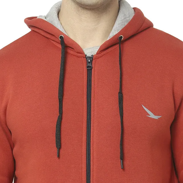 Hiflyers Mens Red Slim Fit Solid Cotton Fleece Sweatshirt With Hood