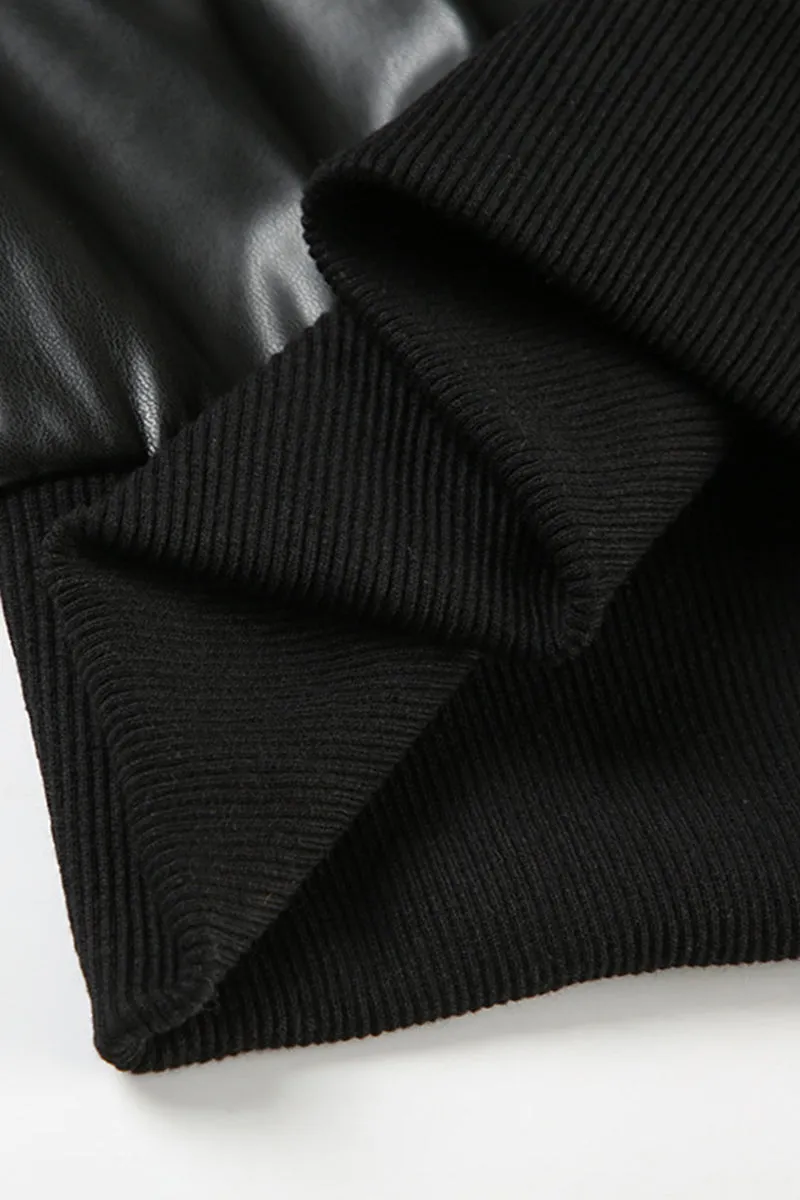 High Neck Zipper Knit Sleeve Leather Jacket Women