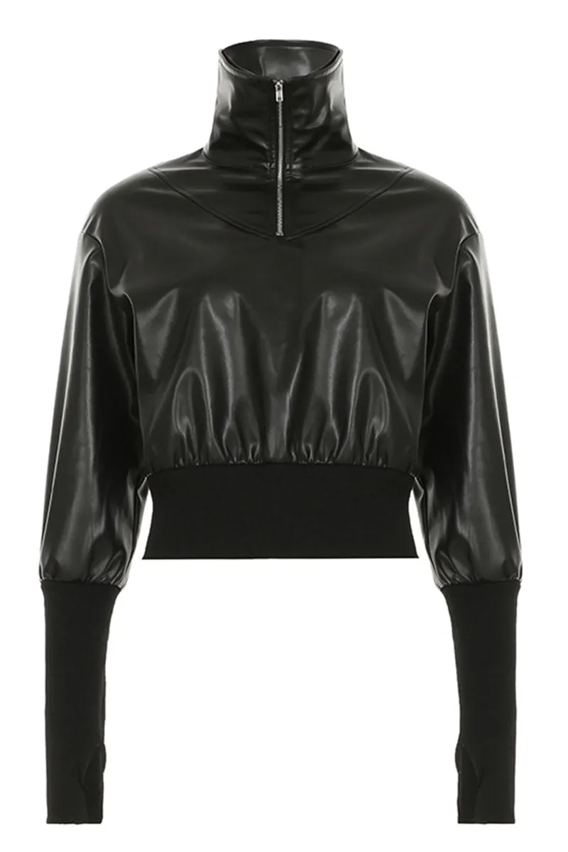 High Neck Zipper Knit Sleeve Leather Jacket Women