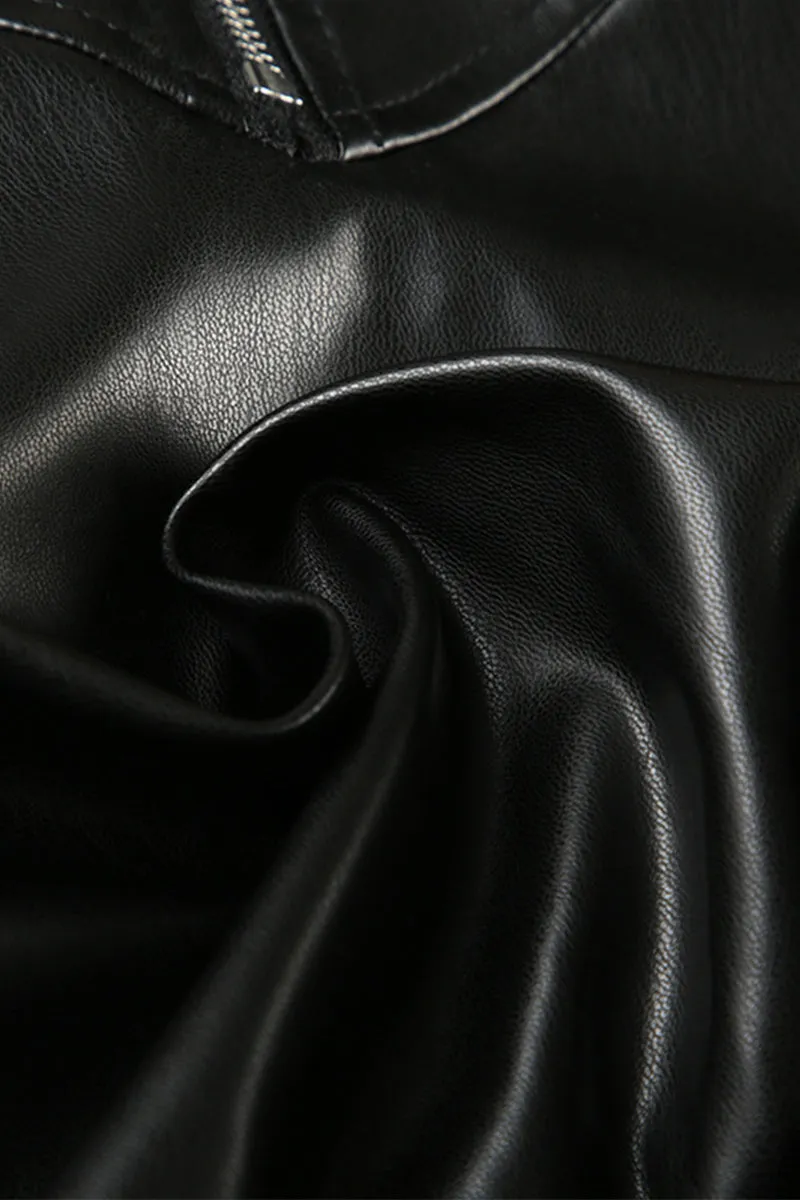 High Neck Zipper Knit Sleeve Leather Jacket Women