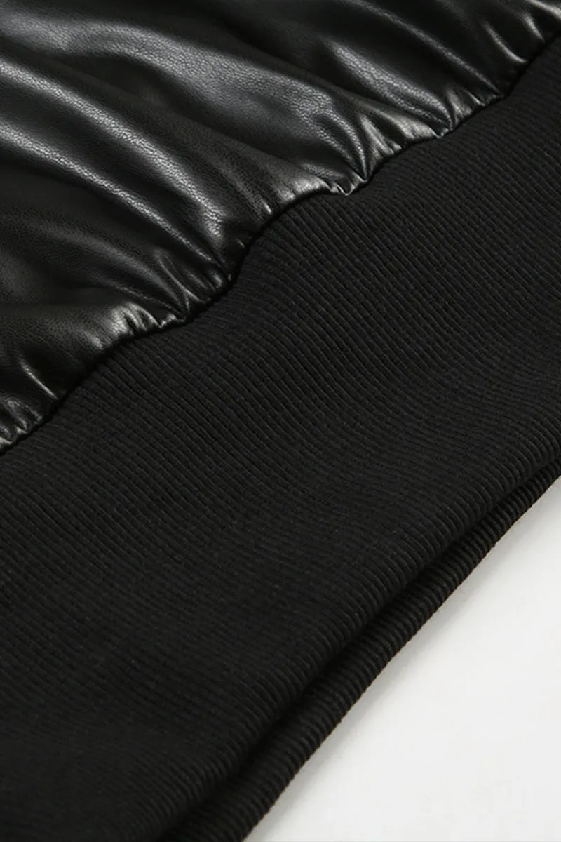 High Neck Zipper Knit Sleeve Leather Jacket Women