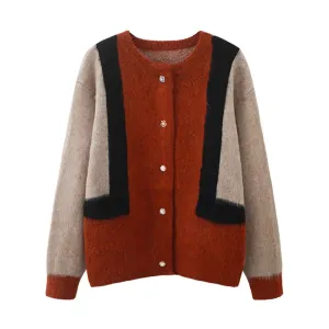 Hit Color Casual Sweaters For Women Round Neck Long Sleeve Patchwork Single Breasted Vintage Sweater Female Fashion