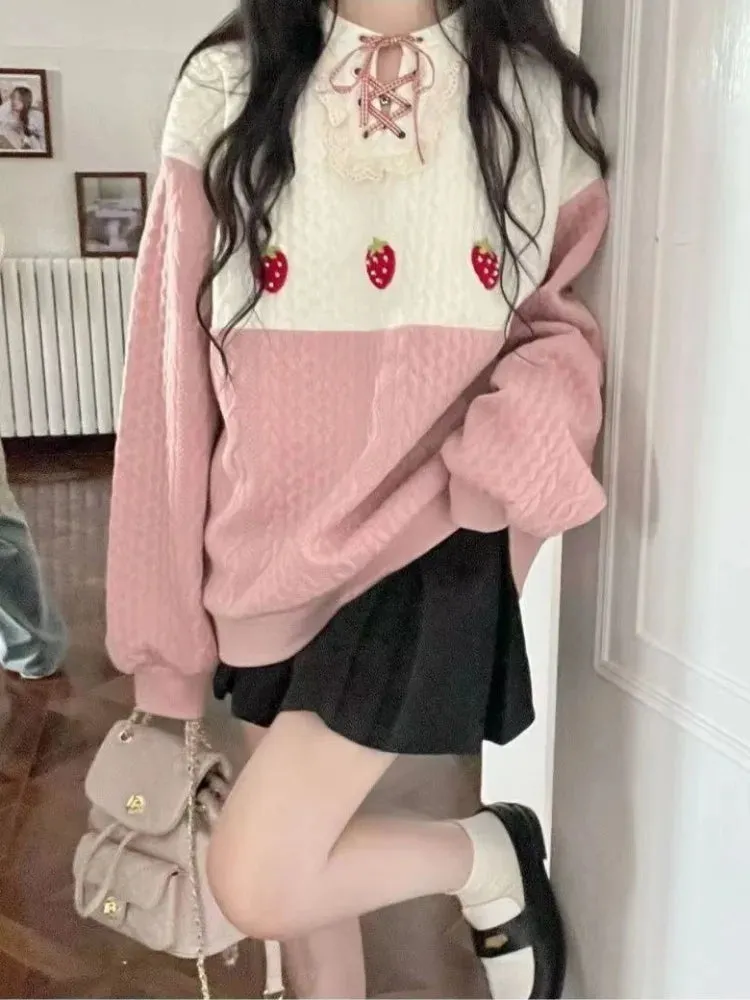 Japan Kawaii Girls Kawaii Cute Sweatshirt Women Patchwork Sweet Simple Preppy Style  Loose Fashion Top Autumn