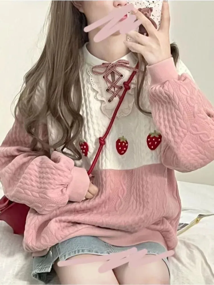 Japan Kawaii Girls Kawaii Cute Sweatshirt Women Patchwork Sweet Simple Preppy Style  Loose Fashion Top Autumn
