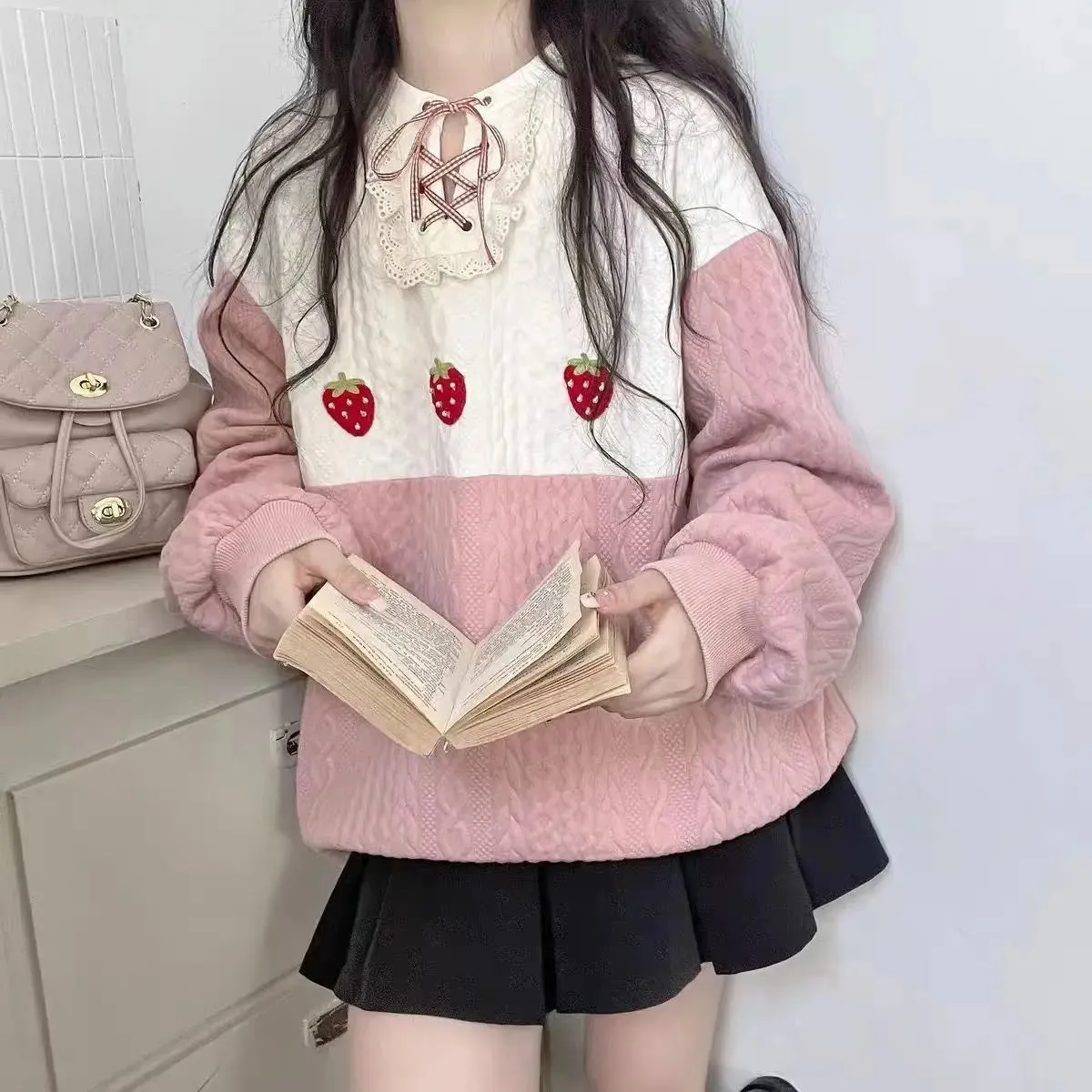 Japan Kawaii Girls Kawaii Cute Sweatshirt Women Patchwork Sweet Simple Preppy Style  Loose Fashion Top Autumn